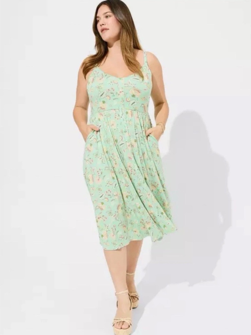 Torrid Midi Super Soft Button-Front Skater Dress Size 5X Green Multi Sleeveless